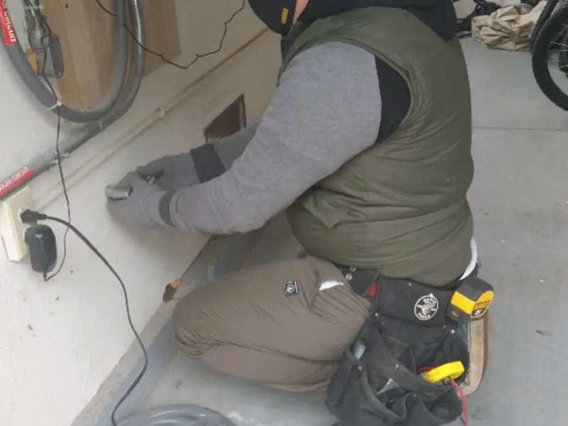 Electrician performing outlet wiring in a Mayfield garage